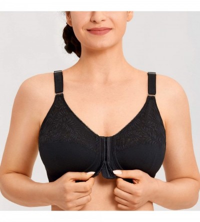 Bras Women's Front Closure Lace Wireless Back Support Posture Bra - Black - C319DLH0WAL $24.97