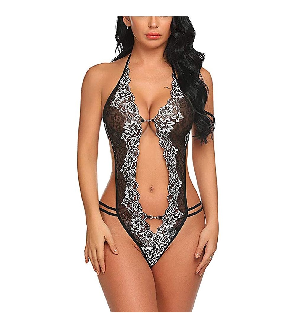 Baby Dolls & Chemises Women Lingerie Mini Bodysuit Lace Babydoll One Piece Deep V Lingerie - Black - CE190R06GKQ $15.35