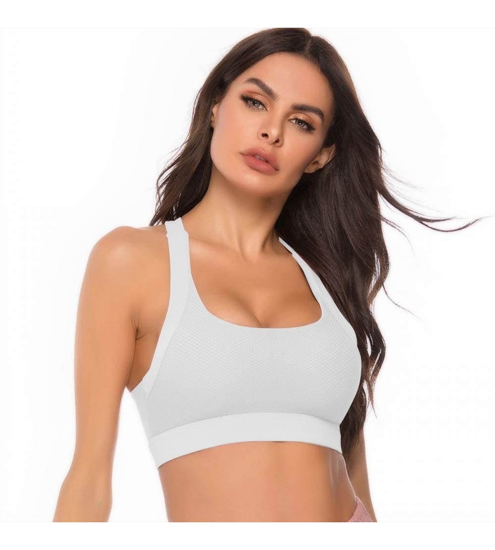 Bras Womens Sports Bra Leisure Shockproof Gather Fitness Padded Strappy Criss-Cross Back Vest Yoga - White - CX19E40XKGQ $17.16