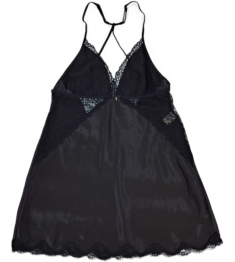 Baby Dolls & Chemises Satin and Lace Chemise Black Large - CE19CT6N89K $19.97