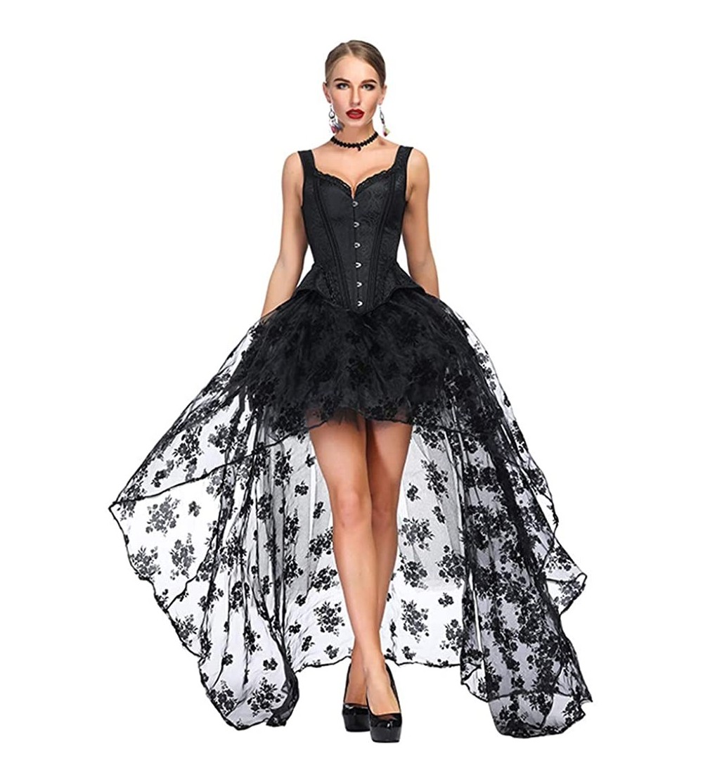 Bustiers & Corsets Women's Victorian Jacquard Tank Overbust Corset with High Low Skirt Set - Black - CF18NS4U6CY $46.22