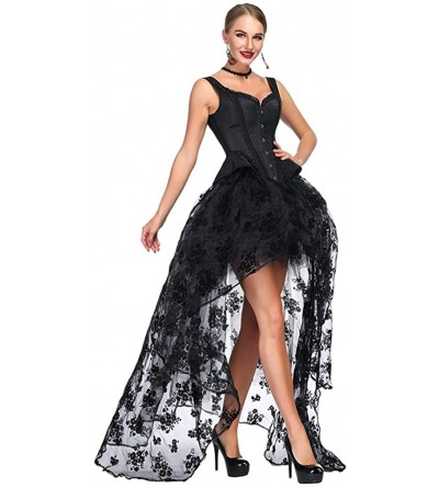 Bustiers & Corsets Women's Victorian Jacquard Tank Overbust Corset with High Low Skirt Set - Black - CF18NS4U6CY $46.22