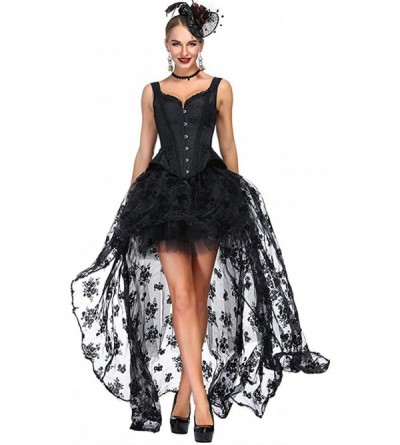 Bustiers & Corsets Women's Victorian Jacquard Tank Overbust Corset with High Low Skirt Set - Black - CF18NS4U6CY $46.22